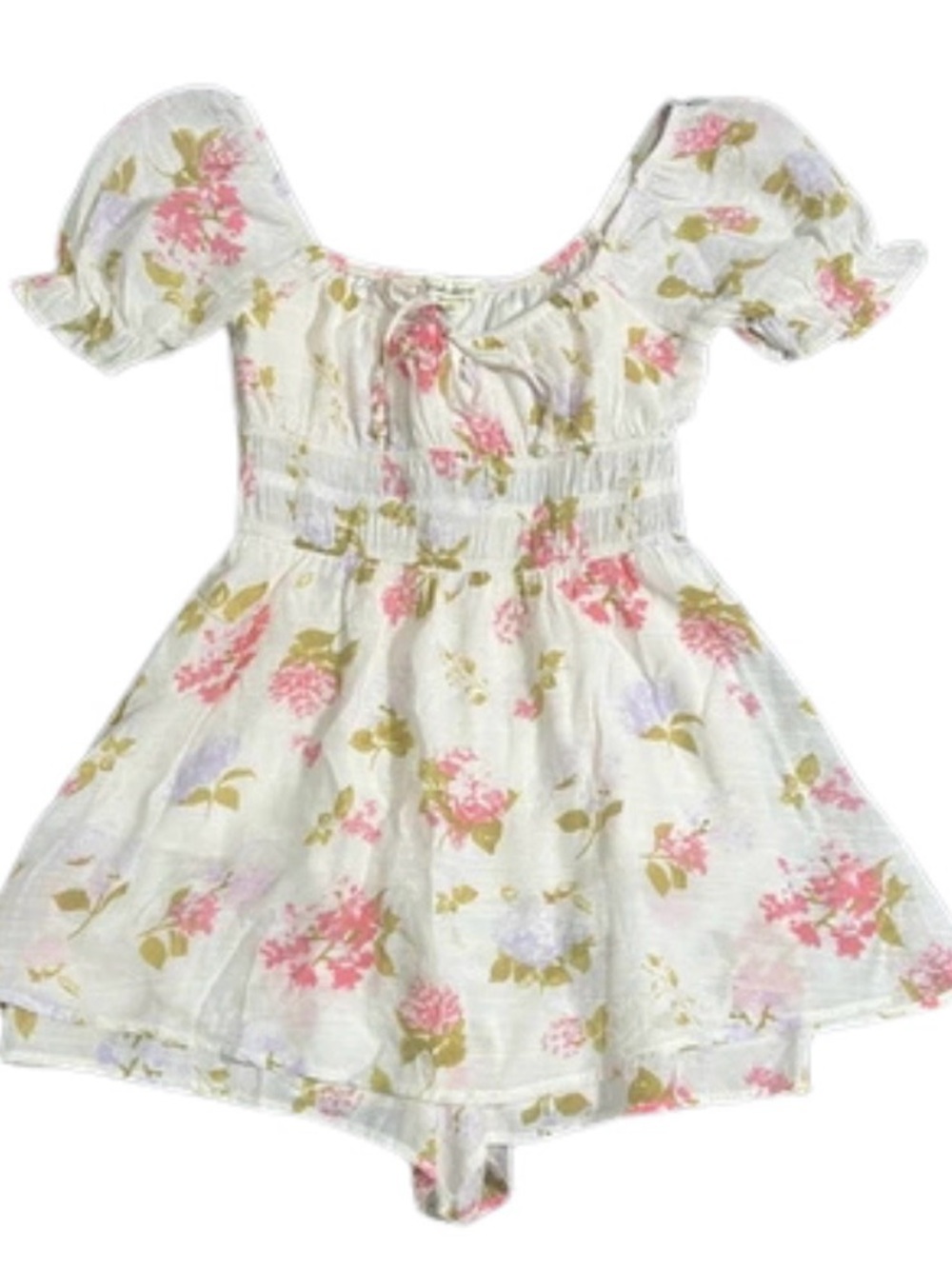 Derek Heart White Floral Smocked Romper Dress with Pink & Green Print